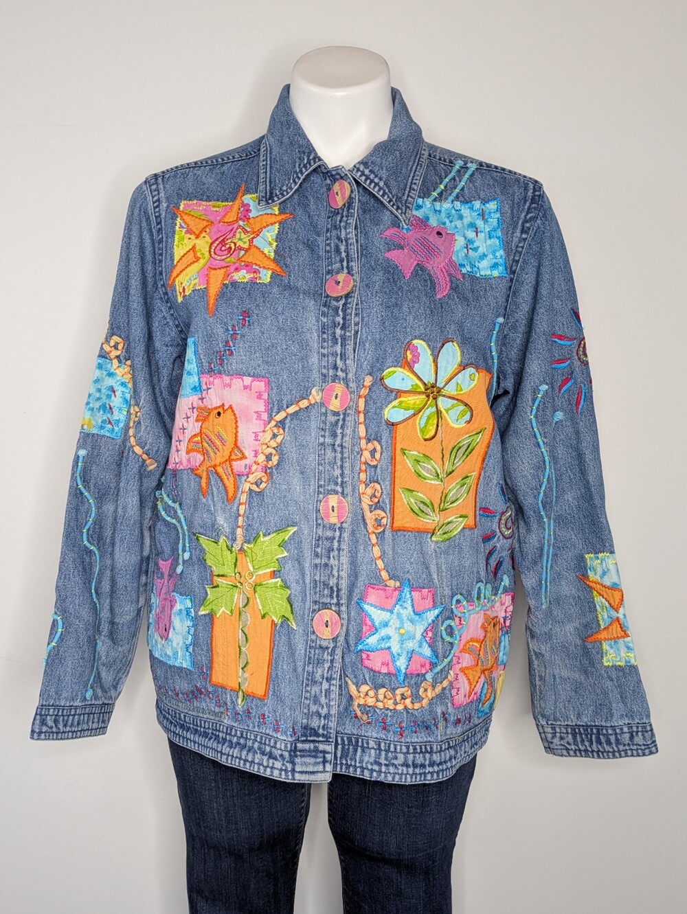 Vintage Keren Hart Blue Denim Colorful Applique Tropical Floral Jean Jacket L